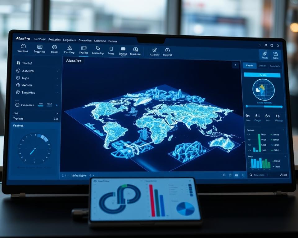 A detailed, high-resolution interface view of the Atlas Pro software, showcasing its intuitive and responsive design. The foreground displays the main dashboard, with neatly organized menus, toggles, and sliders for navigating the various tools and features. The middle ground features a dynamic 3D visualization of a complex geographic landscape, reflecting the software's advanced mapping capabilities. The background subtly blends a sense of depth and perspective, highlighting the program's comprehensive data analysis and presentation. The overall scene conveys a modern, clean aesthetic with subtle lighting and reflections, inviting the user to explore the interface's powerful functionality.