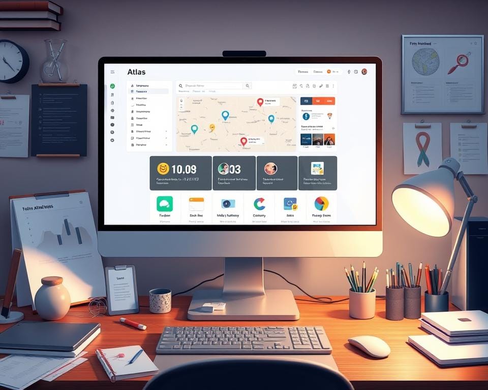 A detailed, realistic digital illustration of the free Atlas Pro application interface, showcasing its advanced features without a subscription. The scene depicts a desktop computer workspace with a large monitor displaying the Atlas Pro app, surrounded by various productivity tools and resources. The interface should appear sleek, intuitive, and user-friendly, highlighting the app's core functionality and capabilities. The lighting should be natural and warm, creating a productive and professional atmosphere. The composition should balance the various elements, drawing the viewer's attention to the Atlas Pro app as the central focus. A detailed, realistic digital illustration of the free Atlas Pro application interface, showcasing its advanced features without a subscription. The scene depicts a desktop computer workspace with a large monitor displaying the Atlas Pro app, surrounded by various productivity tools and resources. The interface should appear sleek, intuitive, and user-friendly, highlighting the app's core functionality and capabilities. The lighting should be natural and warm, creating a productive and professional atmosphere. The composition should balance the various elements, drawing the viewer's attention to the Atlas Pro app as the central focus.