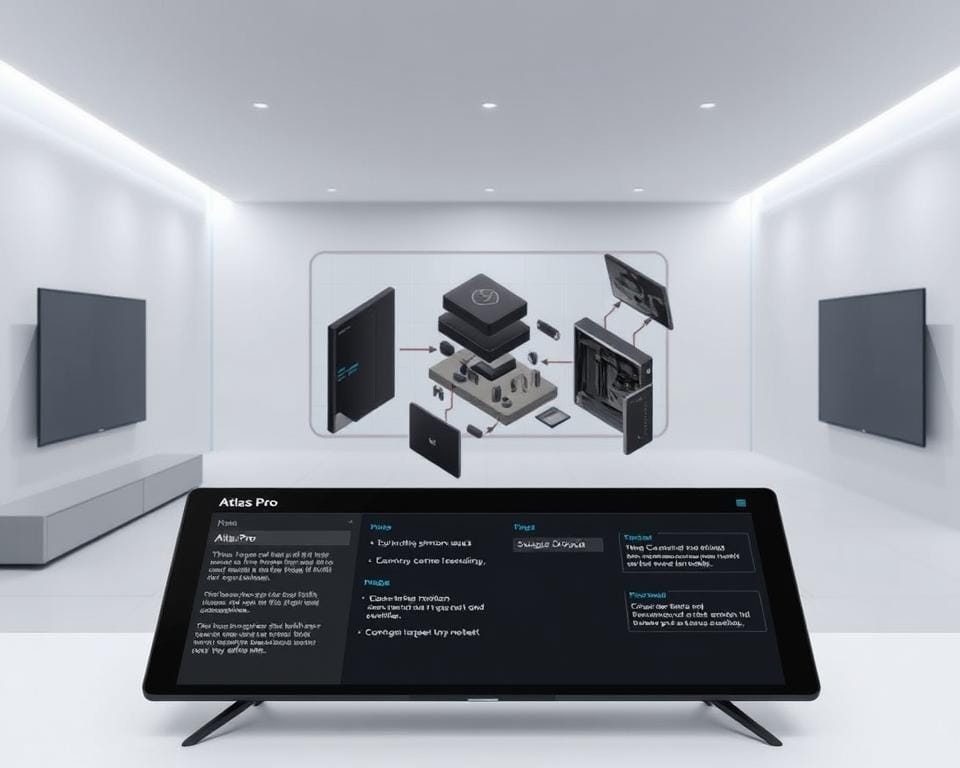 A detailed technical diagram showcasing the support techniques for the Atlas Pro software on Android TV. The foreground depicts the application interface with clearly labeled sections for troubleshooting common issues. The middle ground features an exploded view of the key hardware components and connectivity options. The background presents a sleek, minimalist environment with subtle gradients and geometric patterns, evoking a sense of modern, high-tech aesthetics. The lighting is crisp and evenly distributed, creating a clean, professional atmosphere. The camera angle is positioned to provide a comprehensive, isometric view, allowing for easy comprehension of the subject matter.