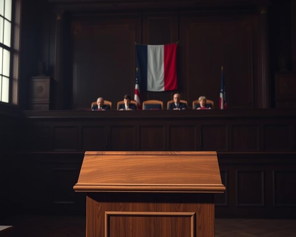 A dimly lit courtroom setting with a wooden podium in the foreground, a panel of judges sitting in elevated chairs behind it, and a large French flag hanging on the wall in the background. The lighting is dramatic, with soft shadows and highlights, creating a serious and authoritative atmosphere. The scene conveys the legal and regulatory framework governing IPTV services in France, with the judges representing the judicial system and the flag symbolizing the national jurisdiction. A dimly lit courtroom setting with a wooden podium in the foreground, a panel of judges sitting in elevated chairs behind it, and a large French flag hanging on the wall in the background. The lighting is dramatic, with soft shadows and highlights, creating a serious and authoritative atmosphere. The scene conveys the legal and regulatory framework governing IPTV services in France, with the judges representing the judicial system and the flag symbolizing the national jurisdiction.