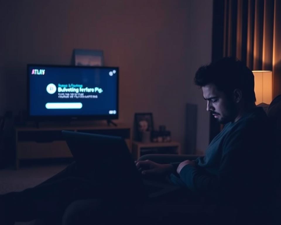A dimly lit living room with a person sitting on a couch, intently focused on a laptop screen, a frustrated expression on their face. In the background, a TV displaying buffering icons and error messages, highlighting the technical difficulties experienced with the Atlas IPTV Pro application. Soft, warm lighting creates a cozy, yet tense atmosphere, drawing attention to the user's struggle with the streaming service. The scene conveys the challenges of troubleshooting common issues with the IPTV platform, reflecting the practical guide's focus on resolving such problems. A dimly lit living room with a person sitting on a couch, intently focused on a laptop screen, a frustrated expression on their face. In the background, a TV displaying buffering icons and error messages, highlighting the technical difficulties experienced with the Atlas IPTV Pro application. Soft, warm lighting creates a cozy, yet tense atmosphere, drawing attention to the user's struggle with the streaming service. The scene conveys the challenges of troubleshooting common issues with the IPTV platform, reflecting the practical guide's focus on resolving such problems.