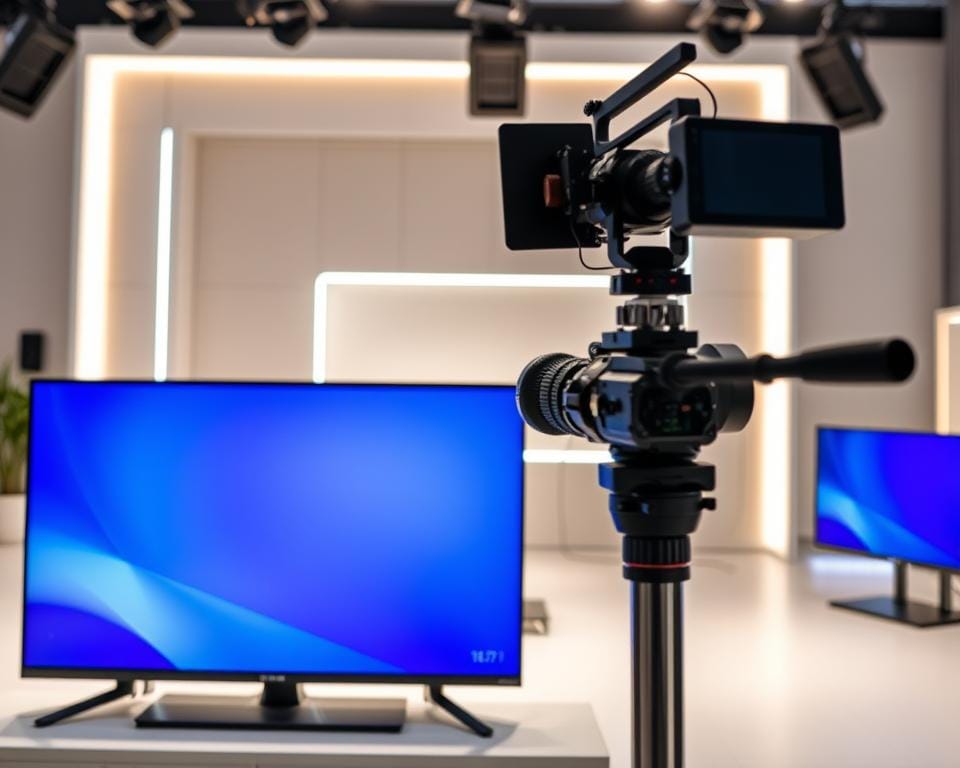 A high-quality, professional broadcast setup with a sleek, modern television display in the foreground. The screen showcases crisp, vivid visuals with exceptional color accuracy and contrast. In the middle ground, a state-of-the-art camera and lighting rig capture the image with precision, creating a well-balanced, evenly lit scene. The background features a minimalist, technologically-advanced studio environment, with clean lines, neutral tones, and subtle accents that emphasize the attention to detail and professional production values. The overall atmosphere conveys a sense of technological sophistication, visual excellence, and a commitment to delivering the highest quality broadcast experience. A high-quality, professional broadcast setup with a sleek, modern television display in the foreground. The screen showcases crisp, vivid visuals with exceptional color accuracy and contrast. In the middle ground, a state-of-the-art camera and lighting rig capture the image with precision, creating a well-balanced, evenly lit scene. The background features a minimalist, technologically-advanced studio environment, with clean lines, neutral tones, and subtle accents that emphasize the attention to detail and professional production values. The overall atmosphere conveys a sense of technological sophistication, visual excellence, and a commitment to delivering the highest quality broadcast experience.