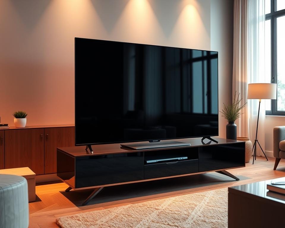 A high-quality, ultra-realistic image of the "Atlas Pro TV" device, shown from a dynamic, three-quarter angle perspective. The TV is displayed in a modern, well-lit living room setting, with warm, diffused lighting highlighting the sleek, glossy black exterior of the device. The screen is illuminated, showcasing a crystal-clear, high-definition display. The TV is positioned atop a minimalist, wooden entertainment unit, surrounded by tasteful decor elements that complement the contemporary aesthetic. The overall scene conveys a sense of sophistication and attention to detail, perfectly suited to illustrate the "Optimiser la qualité de visionnage d'Atlas Pro" section of the article. A high-quality, ultra-realistic image of the "Atlas Pro TV" device, shown from a dynamic, three-quarter angle perspective. The TV is displayed in a modern, well-lit living room setting, with warm, diffused lighting highlighting the sleek, glossy black exterior of the device. The screen is illuminated, showcasing a crystal-clear, high-definition display. The TV is positioned atop a minimalist, wooden entertainment unit, surrounded by tasteful decor elements that complement the contemporary aesthetic. The overall scene conveys a sense of sophistication and attention to detail, perfectly suited to illustrate the "Optimiser la qualité de visionnage d'Atlas Pro" section of the article.