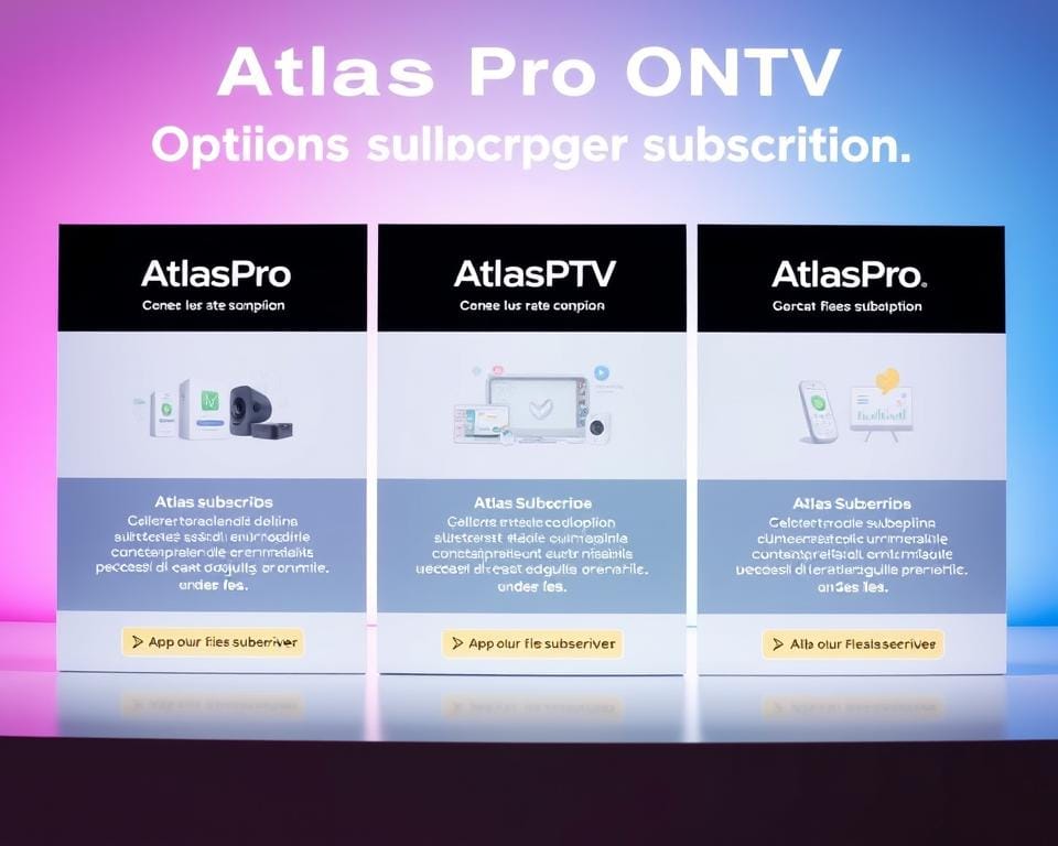 A high-quality, visually striking image of the "Atlas Pro ONTV subscription" options, showcasing the various subscription tiers and their key features. The image should have a clean, modern design with a prominent display of the "Atlas Pro ONTV" branding. The foreground should feature the different subscription packages, each with clear icons, pricing, and benefit details. The middle ground could include subtle product shots or illustrations related to the app's functionality. The background should have a soft, gradient-based color scheme that complements the overall aesthetic and conveys a sense of professionalism and premium quality. Lighting should be bright and directional, creating depth and emphasis on the key elements. The entire composition should be well-balanced, visually appealing, and effectively communicate the "Options d'abonnement Atlas Pro ONTV" section of the article. A high-quality, visually striking image of the "Atlas Pro ONTV subscription" options, showcasing the various subscription tiers and their key features. The image should have a clean, modern design with a prominent display of the "Atlas Pro ONTV" branding. The foreground should feature the different subscription packages, each with clear icons, pricing, and benefit details. The middle ground could include subtle product shots or illustrations related to the app's functionality. The background should have a soft, gradient-based color scheme that complements the overall aesthetic and conveys a sense of professionalism and premium quality. Lighting should be bright and directional, creating depth and emphasis on the key elements. The entire composition should be well-balanced, visually appealing, and effectively communicate the "Options d'abonnement Atlas Pro ONTV" section of the article.