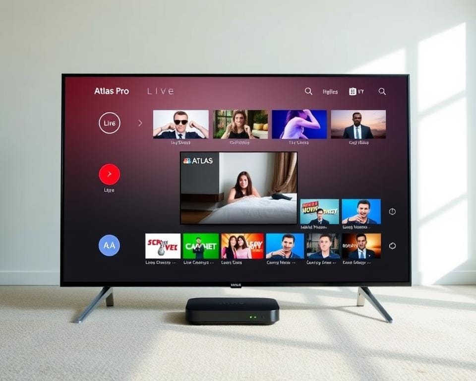 A high-quality, well-lit image of the Android TV interface showcasing the live TV channels from the Atlas Pro app. The foreground depicts the app's main screen with a clean, modern layout displaying a grid of live channel thumbnails. The middle ground features a prominent channel preview window, showcasing the current live broadcast. The background depicts a minimalist living room setting, with a sleek Android TV device visible. The lighting is soft and natural, creating a warm, inviting atmosphere. The overall composition emphasizes the app's intuitive user experience and the convenience of accessing live TV directly on the big screen.