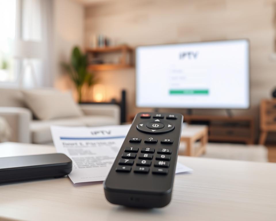 A high-resolution, photorealistic image of an IPTV remote control and subscription details against a blurred background of a living room or home entertainment setup. The remote is displayed prominently in the foreground, with a modern, sleek design in black or dark gray. In the middle ground, there are documents or a digital device screen showing IPTV subscription information, such as a login page, subscription details, or an activation code. The background is slightly out of focus, depicting a cozy, well-lit living room with minimal decor, suggesting a comfortable, domestic setting. The overall mood is one of simplicity, functionality, and practicality, reflecting the utilitarian nature of IPTV technology in the home.