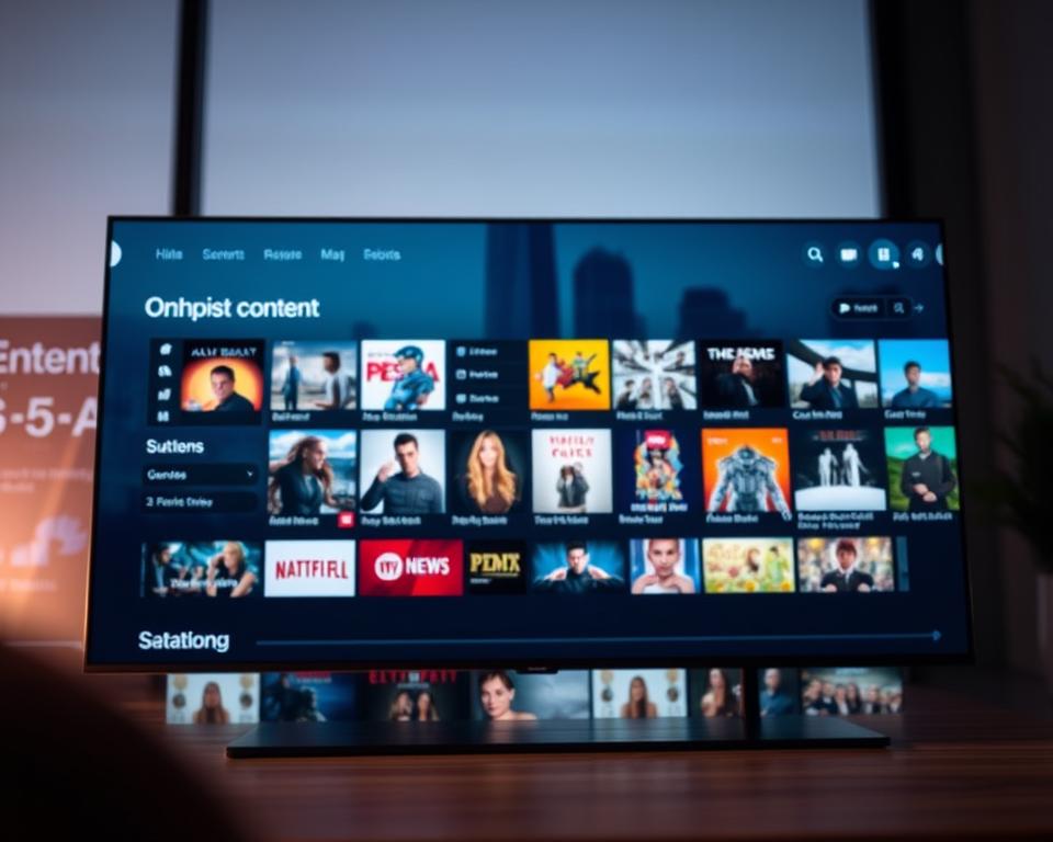 A modern web application interface showcasing an on-demand content catalog. In the foreground, a sleek, minimalist user interface with clean typography and intuitive navigation. The middle ground features a grid of visually appealing thumbnails representing various content titles, genres, and categories. The background has a subtle, blurred cityscape silhouette, conveying a sense of urban sophistication. The lighting is soft and diffused, creating a warm, inviting atmosphere. The camera angle is slightly elevated, providing an overview of the application's functionality and content breadth. The overall mood is one of convenience, choice, and effortless access to a diverse range of on-demand digital media.