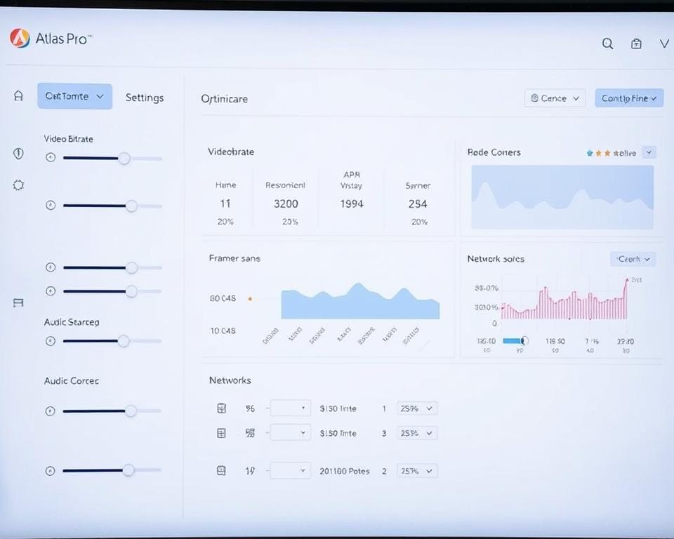 A professional, neatly organized dashboard interface for the Atlas Pro ONTV app, displaying various configurable settings and optimization options. The foreground shows sliders, toggles, and dropdown menus for adjusting parameters like video bitrate, resolution, frame rate, and audio codec. The middle ground features graphical visualizations of performance metrics and network data. The background has a clean, minimalist aesthetic with a subtle gradient or texture, conveying a sense of technological sophistication. Soft, even lighting illuminates the interface, creating a calm and focused atmosphere for tailoring the app's settings to achieve the best user experience.