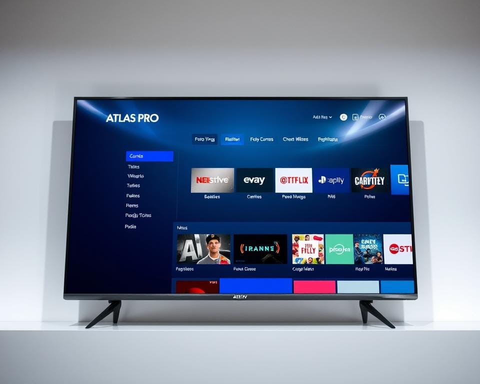 A sleek and modern television screen displaying the Atlas Pro ONTV interface. The screen has a crisp, high-definition display showcasing the Atlas Pro service's user-friendly menus and content selection. The interface features bold typography, vibrant colors, and intuitive icons, creating an engaging and visually appealing experience. The television is set against a minimalist, well-lit backdrop, with subtle reflections on the screen hinting at the premium design. The overall scene conveys a sense of technological sophistication and user-centric design, reflecting the high-quality nature of the Atlas Pro ONTV service.