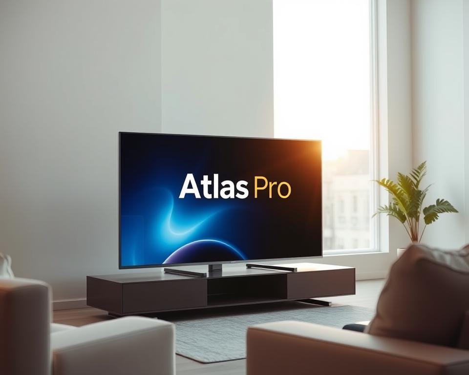 A sleek, modern television set with a prominent "Atlas Pro" branding displayed on the screen. The TV is positioned in a minimalist, well-lit living room setting, with clean lines and neutral-toned furnishings surrounding it. Soft, diffused lighting from a large window casts a warm glow on the scene, creating a cozy and inviting atmosphere. The TV is angled slightly towards the viewer, showcasing its slim profile and premium design. The overall composition emphasizes the TV as the focal point, highlighting its advanced features and high-quality display. A sleek, modern television set with a prominent "Atlas Pro" branding displayed on the screen. The TV is positioned in a minimalist, well-lit living room setting, with clean lines and neutral-toned furnishings surrounding it. Soft, diffused lighting from a large window casts a warm glow on the scene, creating a cozy and inviting atmosphere. The TV is angled slightly towards the viewer, showcasing its slim profile and premium design. The overall composition emphasizes the TV as the focal point, highlighting its advanced features and high-quality display.