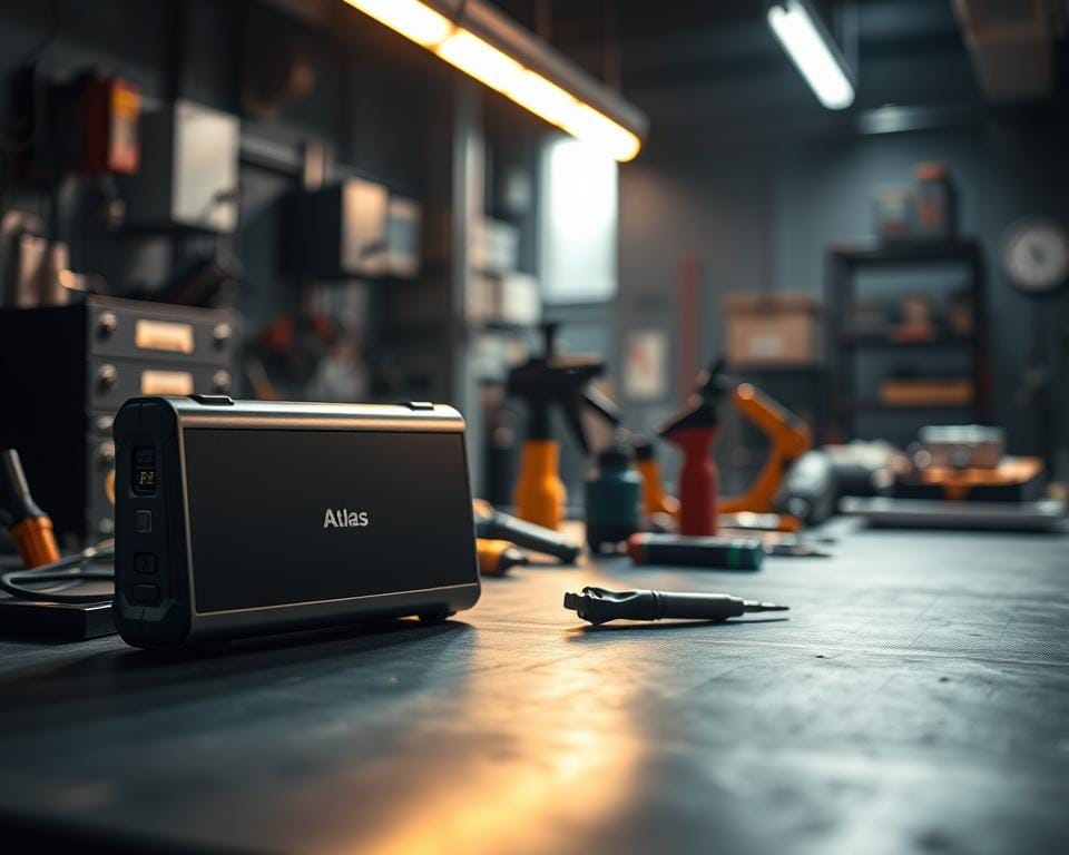 A sleek, professional-looking Atlas Pro Max device with a minimalist design in a dimly lit, high-tech workshop setting. The device is positioned prominently in the foreground, its metallic casing gleaming under the warm, focused lighting. In the middle ground, various tools and equipment are neatly arranged, hinting at the complex technical nature of the troubleshooting process. The background is hazy, with shadows and subtle details that create a sense of depth and atmosphere, suggesting the challenges and complexities involved in resolving issues with this advanced device. The overall mood is one of precision, problem-solving, and a commitment to providing the best possible user experience.