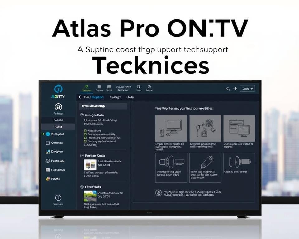 A well-lit technical illustration showcasing the key support techniques of the Atlas Pro ONTV application. In the foreground, a close-up view of the application's main interface, highlighting the various troubleshooting tools and diagnostic utilities. In the middle ground, a series of annotated diagrams demonstrating step-by-step procedures for resolving common technical issues. In the background, a softly blurred cityscape, conveying a sense of the application's real-world practical usage. The overall mood is one of clarity, precision, and problem-solving, with a clean, professional aesthetic suitable for an informative user guide.