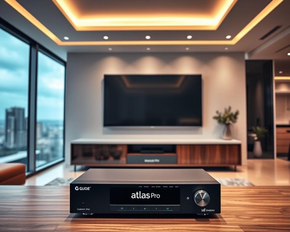 An upscale, modern living room with a large flatscreen TV mounted on the wall. In the foreground, a sleek black TV decoder box with "Guide Atlas Pro" clearly displayed on the front panel. The decoder is positioned neatly on a minimalist, wood-and-glass media console. Indirect lighting emanates from recessed ceiling fixtures, casting a warm, inviting glow throughout the space. The room's overall aesthetic is clean, sophisticated, and technology-forward, with large windows offering a scenic view of a city skyline in the background. The composition highlights the decoder as the central focus, conveying its importance in accessing the "Atlas Pro" service. An upscale, modern living room with a large flatscreen TV mounted on the wall. In the foreground, a sleek black TV decoder box with "Guide Atlas Pro" clearly displayed on the front panel. The decoder is positioned neatly on a minimalist, wood-and-glass media console. Indirect lighting emanates from recessed ceiling fixtures, casting a warm, inviting glow throughout the space. The room's overall aesthetic is clean, sophisticated, and technology-forward, with large windows offering a scenic view of a city skyline in the background. The composition highlights the decoder as the central focus, conveying its importance in accessing the "Atlas Pro" service.